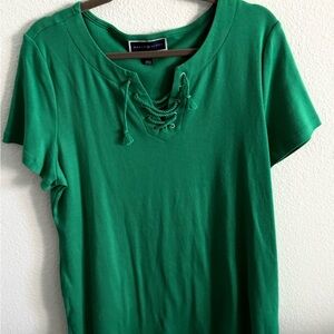 Karen Scott Vibrant Green Lace-Up Short Sleeve Top